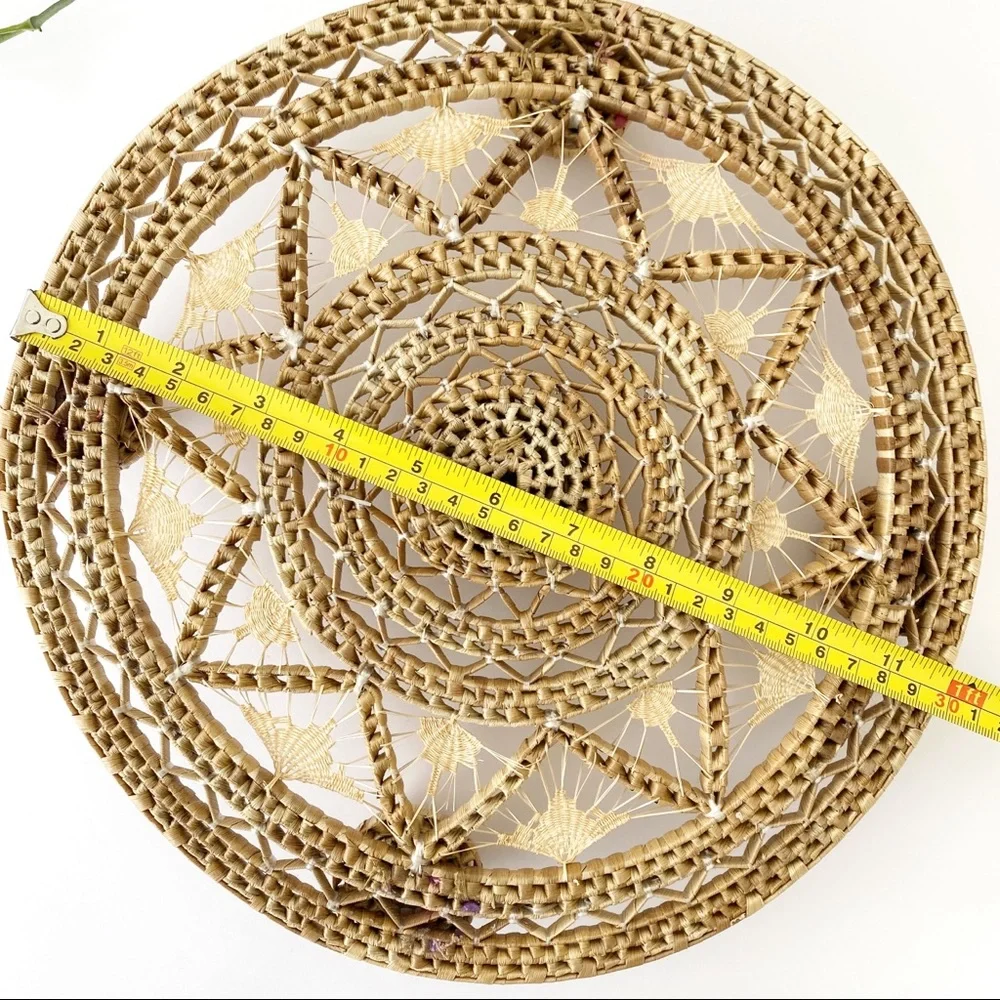 Vintage Woven Footed Trivet / Round Basket Wall Decor / Wicker Candleholder Boho